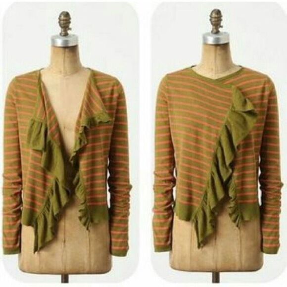 Anthropologie Sparrow Traveling Stripes Linen Cardigan XS Ruffles Green Pink‎ - Picture 1 of 10